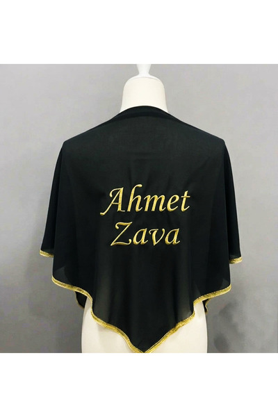 Sanatsal Nakış Nakışlı İsme Özel Siyah Zawa Damat Örtüsü - Eldivenli Kına Ört...