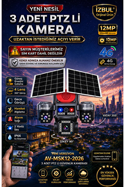 AVENİR 3Ptz'li,1 Sabit ,4g Sim Kartlı Güneş Enerjili MSK12 ,Yeni Nesil 4 Kame...