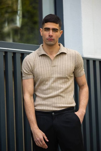 ixir Polo Collar Vertical Ribbed Knitwear Men's T-Shirt Brown