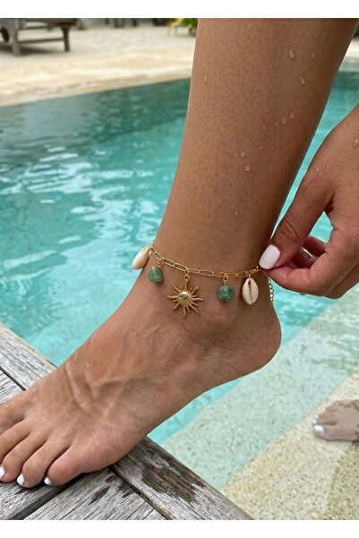 takıtarzım Gold Anklet with Sun Figure and Mixed Colored Natural Stones