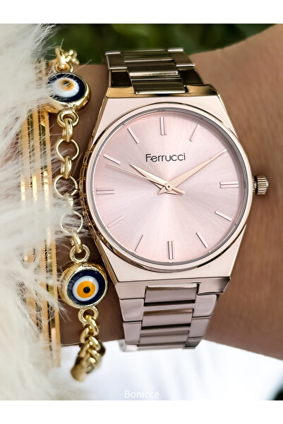 Ferrucci Rose Renk Deri Kordon Su Geçirmez Kadın Kol Saati Nazar Boncuklu Bil...