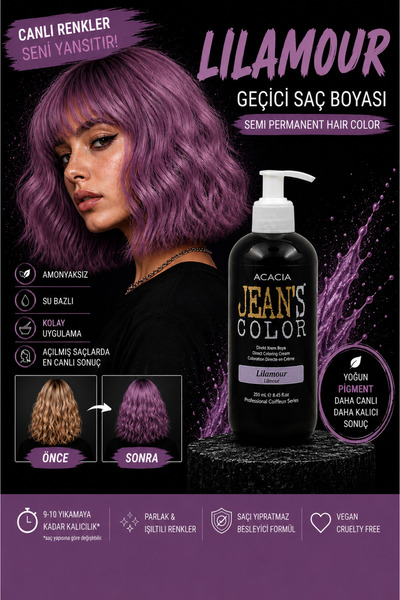 jeans color Amonyaksız Renkli Saç Boyası Lilamor 250ml. Kokusuz Su Bazlı Lila...