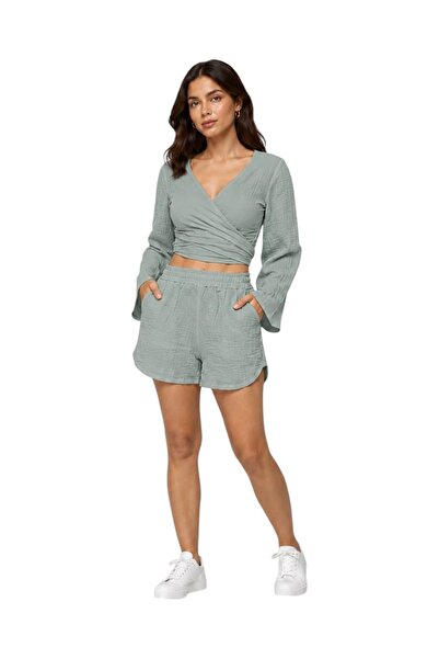 estewoman Set de 2 pantaloni scurți din bumbac cu legături din muselină - 100...