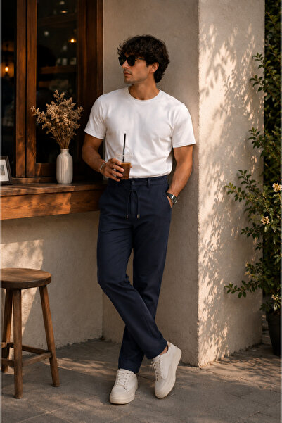 BRACCAS Erkek Yandan Cepli Beli Lastikli Relaxed Fit Chino Pantolon Lacivert