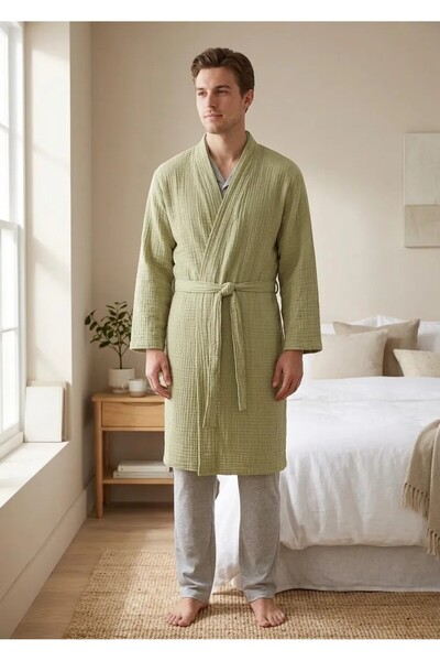 Lucy and Home Unisex Yeşil 4 Kat Müslin Sabahlık / Bornoz /kimono