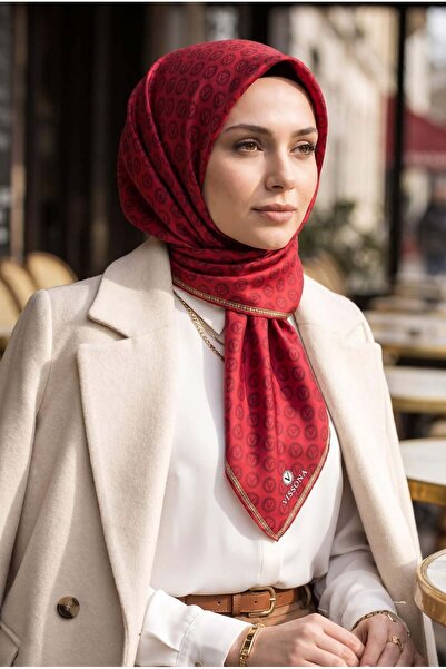 Vissona %100 Twill İpek Monogram Desenli Kırmızı Renkli 90x90 Eşarp Dikim Şek...