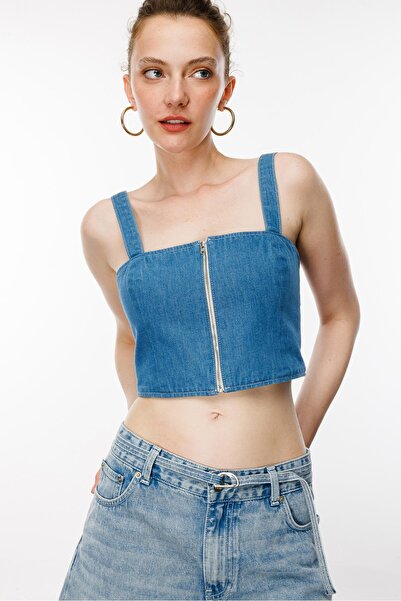 Denim Trip Fitted Slim Crop Fit Fermuarlı Orta Indigo Büstiyer