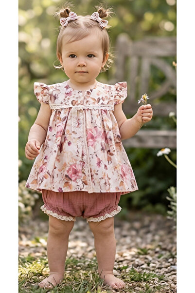 patpat baby Girl's Floral Patterned Lace Belted Blouse and Muslin Shorts Bott...