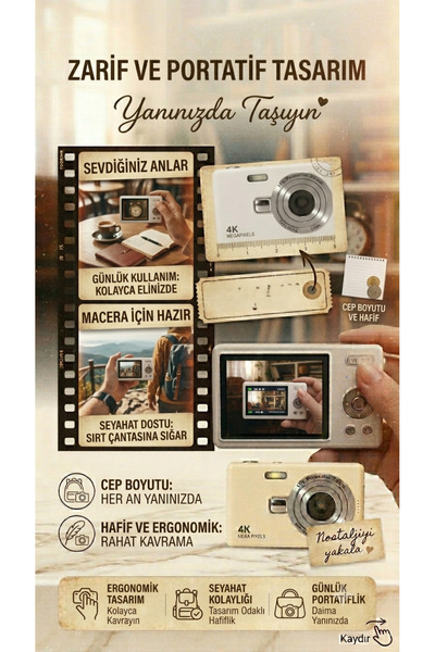 FaroxTech Retro Dijital Fotoğraf Makinesi 50MP Fotoğraf Çözünürlüğü 2.7K Video 16X Zoom LED Işıklı Vlog Kamerası
