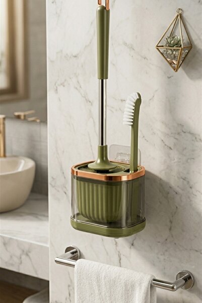 MAKRİ HOME Toilet Brush and Cleaning Brush Set, Green, Wall Mountable, 45 cm