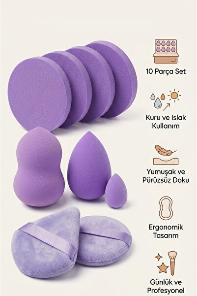 MAKRİ HOME Mor Renk 10 Parça Profesyonel Makyaj Süngeri Seti Pudra Puff Blender
