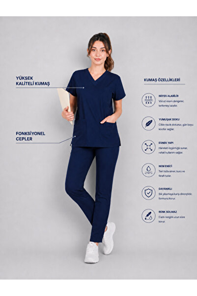 STİLMED Üniforma Lacivert Hemşire ve Doktor Forması Scrubs Takımı Likralı Alt...