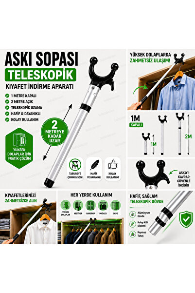 TK WOOD CRAFTS Premium Teleskopik Askı Sopası 2 Metre Alüminyum Gövde Yüksek Dolap Kıyafet Alma Aparatı