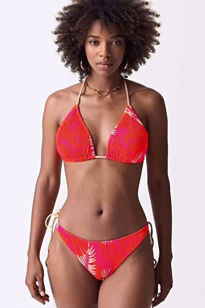 AQUELLA Patterned Pleated Orange Print Triangle Bikini Set