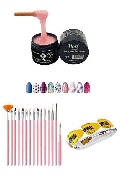 Nail Master Protez Tırnak Jeli 15ml 903 + 15li Fırça Seti + 50li Şablon