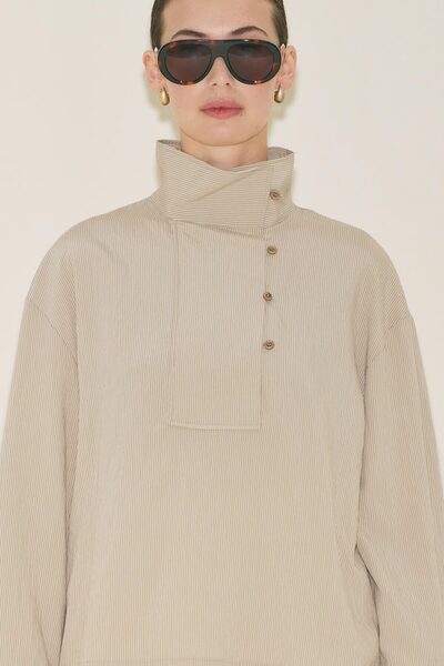 Manuka Wide Collar Striped Blouse Beige