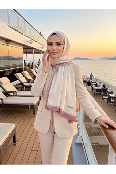 Vissona %57 İpek %43 Pamuk Monagram Dokumalı Krem-Pudra Renkli 70X190 Yumuşak...