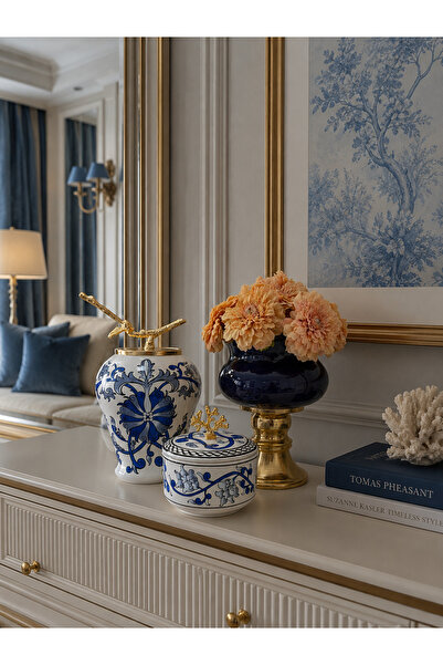 Decorative Object Living Room Set Navy Blue Feet Flower Pot Blue Flower King Blue Flower Box Gold-Feray Home