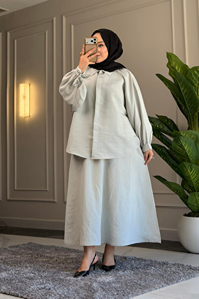 Suede Style 9179 - Loose Tie Sleeve Detailed Women's Shirt Skirt Set