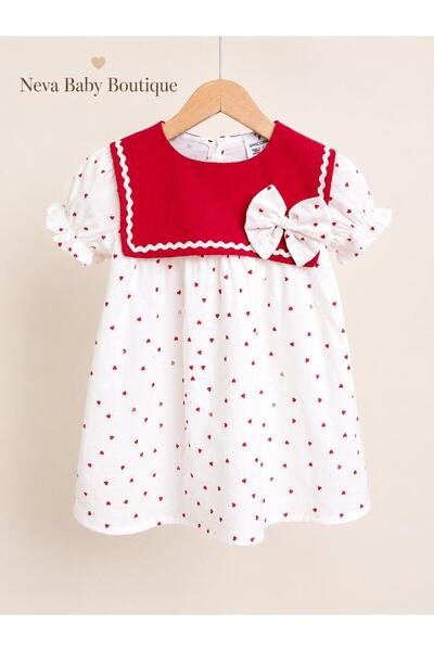 Neva Baby Boutique Red Collar Heart White Short Sleeve Girls Dress Muslin Bow...