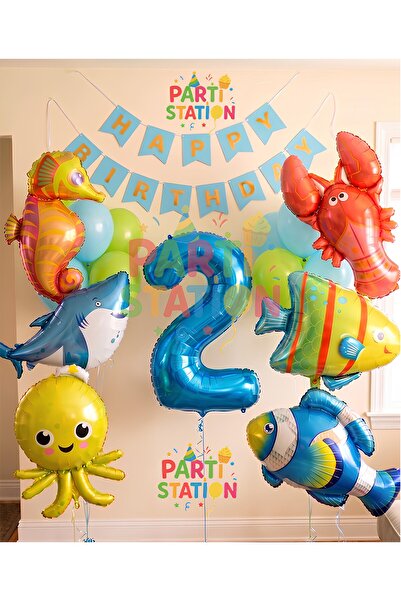 Parti Station Büyük Boy Balonlu Okyanus Hayvanları 2 Yaş Doğum Günü Balon Set...