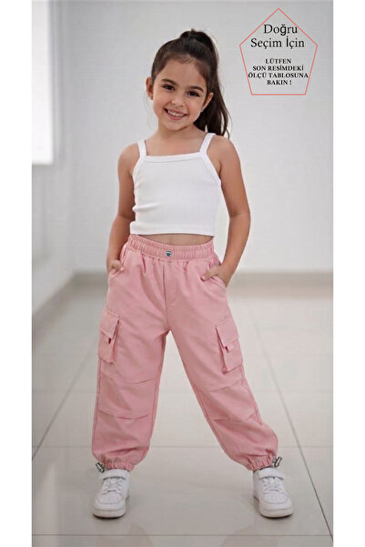 SmallTouch Paçası ve Beli Ayarlanabilir Lastikli Kız Çocuk Pembe Paraşüt Pant...