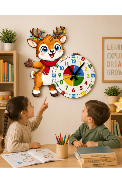 karbonsoft Ceas de perete educativ din lemn pentru camera copiilor, cu cerb d...