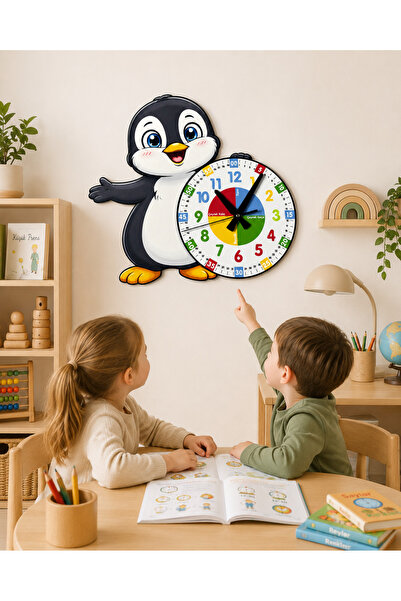 karbonsoft Sevimli Penguen Montessori Çocuk Odası Eğitici Ahşap Duvar Saati -...
