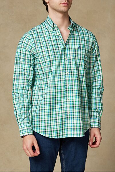 Abbate Ανδρικό καρό πουκάμισο Luca Twill Cotton Comfort Fit με πράσινο γιακά ...