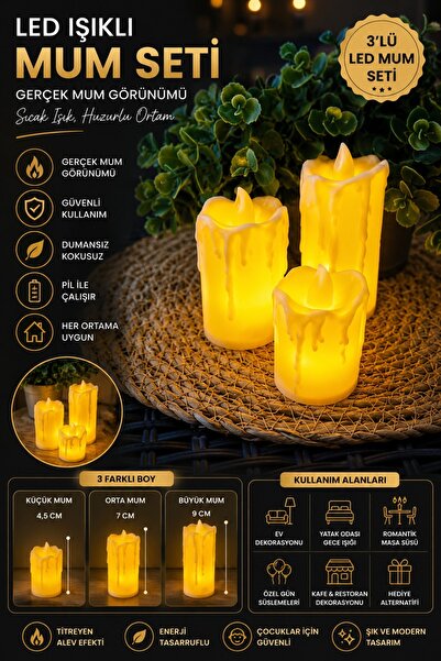 NEWSTORE HOME 3'lü beyaz Erimiş Görünümlü Led Mum Pilli