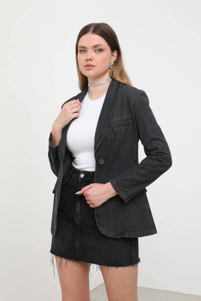 BANNY JEANS سترة نسائية بأكمام طويلة وزر واحد من الجينز أنثراسايت