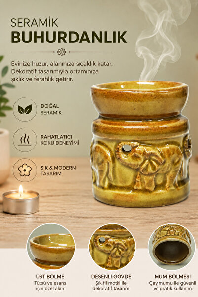 Me Ama 1.Kalite Seramik Buhurdanlık Kabartmalı Fil Desenli