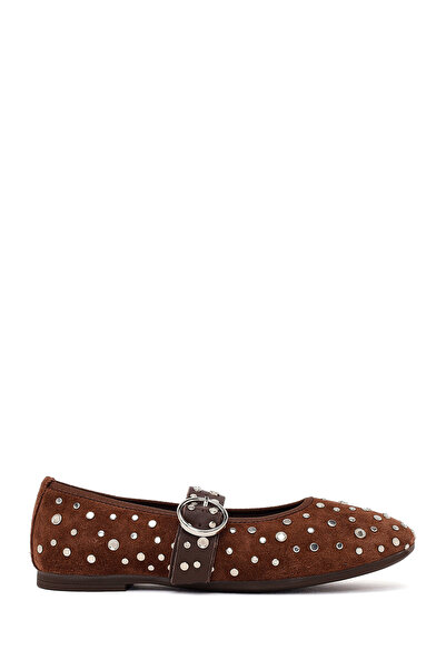 Derimod Women's Brown Strappy Studded Suede Leather Ballerinas 26Pfd270110