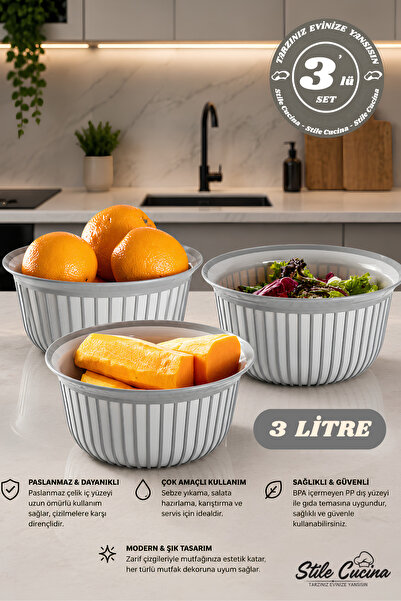 Stile Cucina 3-Piece Economical Linea Round Bowl Set Gray (3 X 3 Liters)