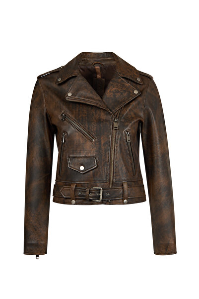 Derimod Newage Women's Brown Slim-Fit Biker Leather Jacket 26Sgd5983Vd