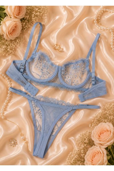 Genel Markalar Barbıe Blue Mavi Balenli Brode Dantelli Sütyen Takım - Bebek Mavisi - Lingerie Haven