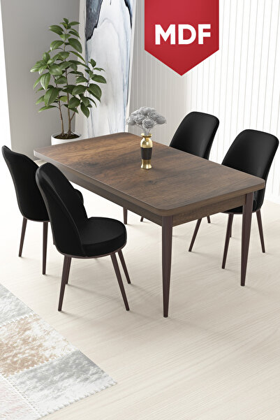 Canisa Nil Serisi 70x110 MDF Sabit Barok Ahşap Desen Masa Takımı ve 4 Siyah S...