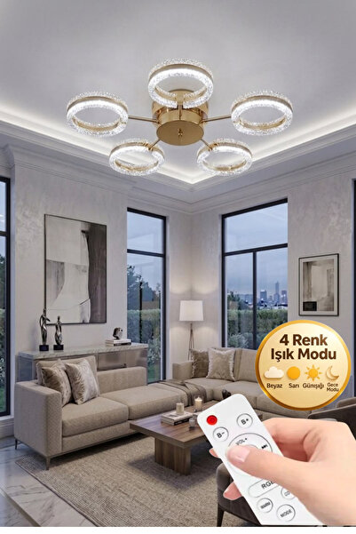 Lumia Lighting Aurea Model Gold Kumandalı 5"li Ledli 3 Renk Modu Kristal Salo...