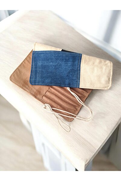 minart design Patchwork Denim Krem Kahve Rulo Fırçalık Kalemlik