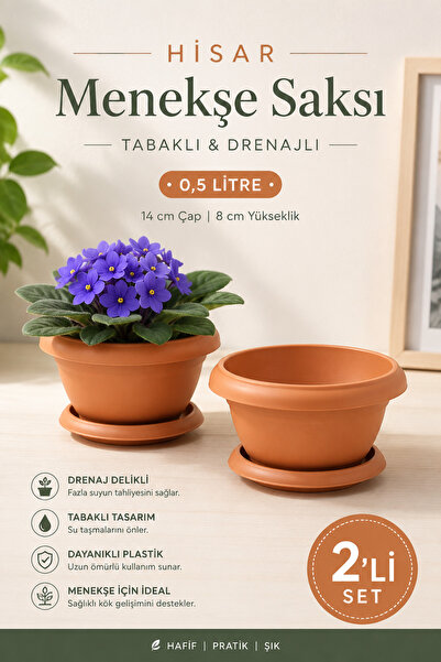 ToXA 2'li Hisar Menekşe Saksısı Seti 0,5 Litre (14cm) Tabaklı ve Drenaj Delik...