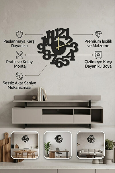Grandmix Sessiz Mekanizma Siyah Metal Dekoratif Duvar Saati 45x43cm