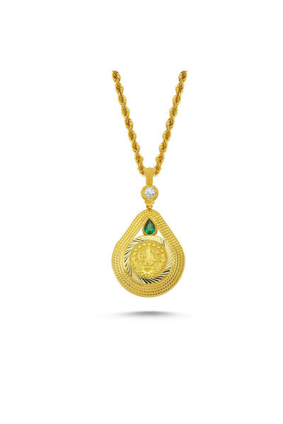 Sembol Gold Altın Tuğralı Kolye Yeşil Taşlı Damla