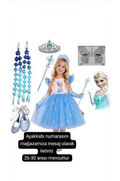 3b kids Set costum rochie scurtă pufoasă Elsa, păr albastru cu bule Elsa, cor...