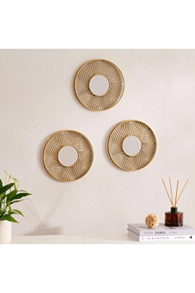 PAN HOME Signa Set of 3 Decorative Round Plastic Mirrors 25x2x25cm-Gold