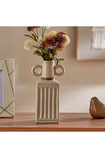PAN HOME مزهرية سيراميك ألايا مضلعة بمقبضين 12×8.5×22 سم - بيج