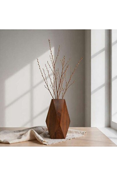 PAN HOME Veldt Walnut Wood Faceted Vase 10x10x18cm -walnut