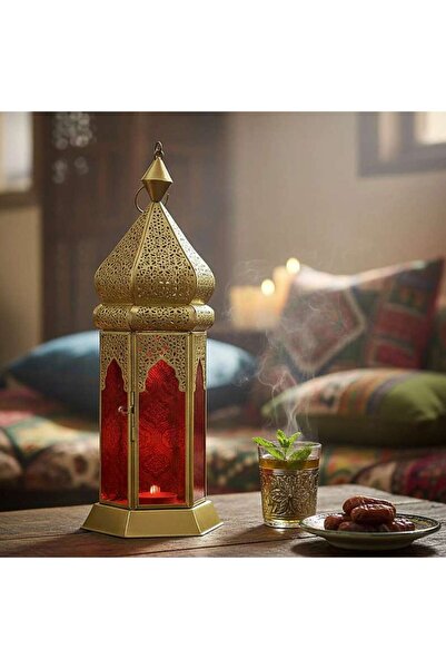 PAN HOME فانوس معدني ليينا مع زجاج أحمر 13x11.5x33 سم - ذهبي