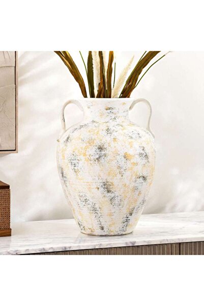 PAN HOME مزهرية سيراميك مرسومة يدويًا من كانساس مع مقابض 33.7x33.7x45 سم - رمادي