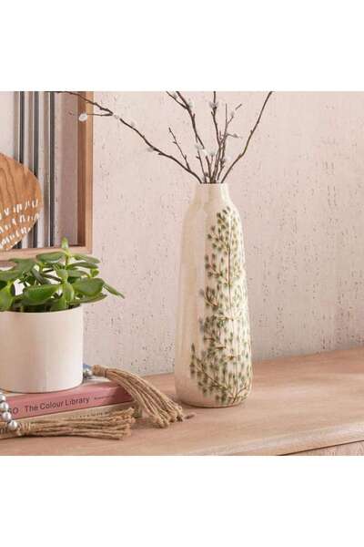 PAN HOME مزهرية من الفخار الحجري مرسومة يدويًا بطباعة نباتية 13×13×35 سم - لو...