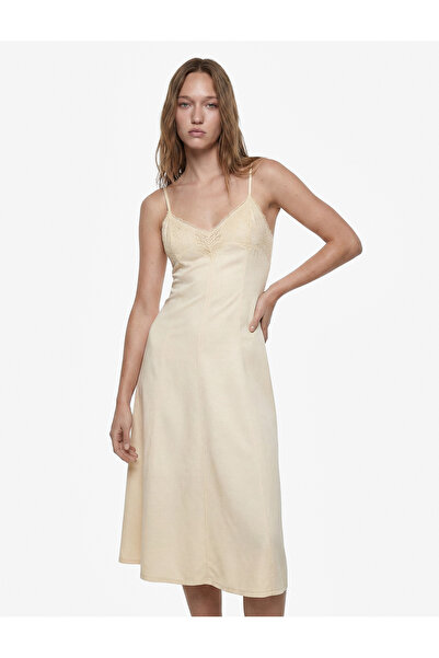 Koton Comfortable Fit Lace Detailed Rope Strap V-Neck Cotton Flounce Midi Dress